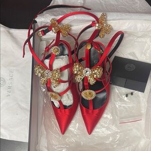 Versace Red Silk Crystal Bow Heels